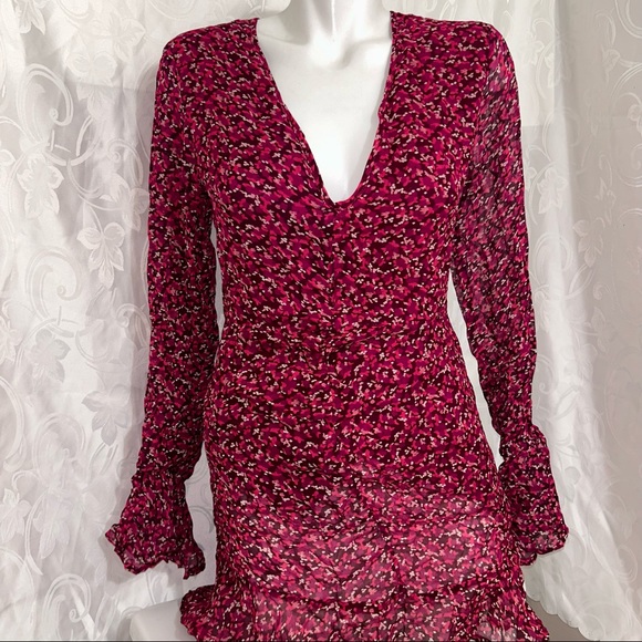 Fletch Feminine Fuchsia Pink Printed Paint Flowy Viscose V-Neck Summer Dress - Picture 2 of 10